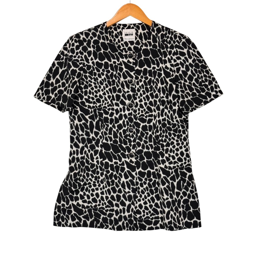 Leslie Fay Top Women 10 Black White Giraffe Print Button Up Vintage Blouse